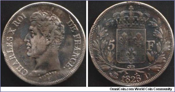 Charles X 5 francs minted at Lyon.