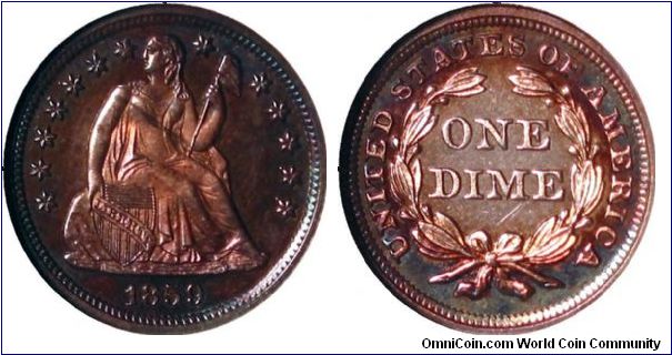 SEATED LIBERTY DIME. 
  The 1859 proof is a scarce issue with a mere 800 minted, many of which were unsold and ultimately melted. This attractive near gem example exhibits beautiful classic album toning. The reverse is bulls-eye toned in various shades of green blue and burgundy, with a fully brilliant center. The obverse exhibits somewhat darker and warmer shades of the same colors. A rather obtrusive planchet flaw cuts across Liberty's torso, likely the limiting factor on the grade.