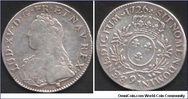Rennes mint (`9' mint mark on reverse) silver ecu of a young Louis XV.