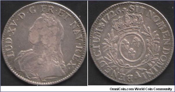 Paris mint (`A' mint mark on reverse) silver ecu of a young Louis XV.