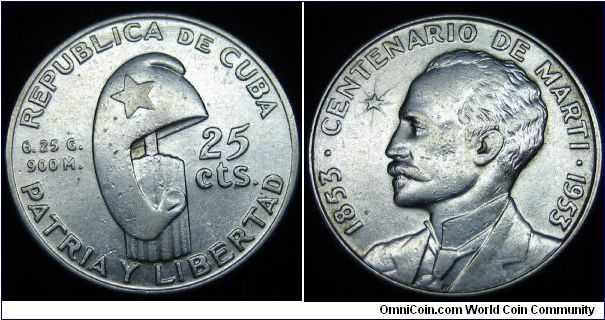 25 centavos. Centennial of Jose Marti's birth. Ag900
