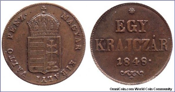 Hungary, 1 krajcár, 1848, Cu, Liberty War issue.                                                                                                                                                                                                                                                                                                                                                                                                                                                                    