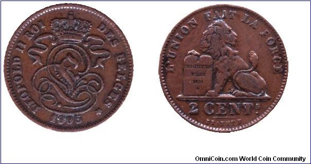 Belgium, 2 centimes, 1905, Cu, L'Union Fait La Force, Leopold II Roi Des Belges.                                                                                                                                                                                                                                                                                                                                                                                                                                    