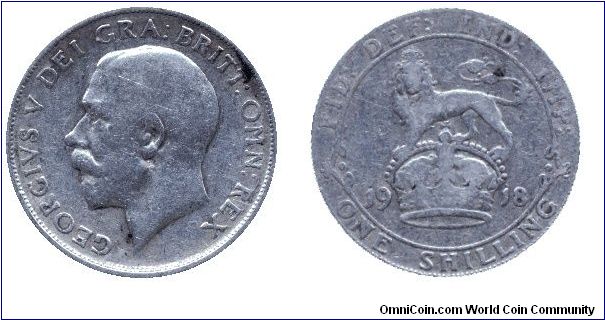 United Kingdom, 1 shilling, 1918, Ag, King George V.                                                                                                                                                                                                                                                                                                                                                                                                                                                                