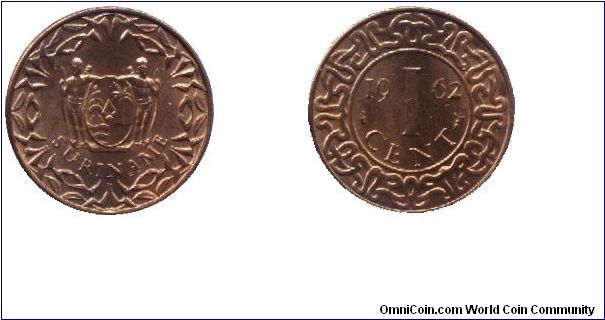 Surinam, 1 cent, 1962, Bronze.                                                                                                                                                                                                                                                                                                                                                                                                                                                                                      
