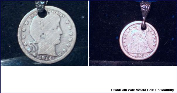 US Barber quarter and Seated dime Pierced and affixed with pendant bails