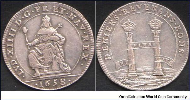 Rare silver jeton of  a branch of the Kings Accounts dealing with the Army Treasury which seems to have had an audit function determining actual costs against the given allowances for units at full strength so that the `difference' in finance terms (the `deniers revenans bon' or unattached `good' monies) could be reclaimed. Obverse Louis XIIII on throne in full regalia. Reverse Pillars of Hercules.
Listed in Gadoury (1991)as 611 and noting that Feuardent only lists it in copper.