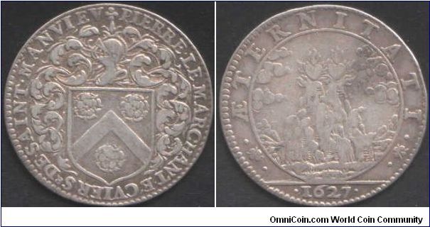Rare silver jeton of Pierre le Marchant, Treasurer General of France and Kings Counsellor. This jeton was (I believe) struck as part of a prize fund set up in his name. Obverse his coat of arms. reverse two hearts on a twin peak with the legend `Aeternitati` (for eternity).
