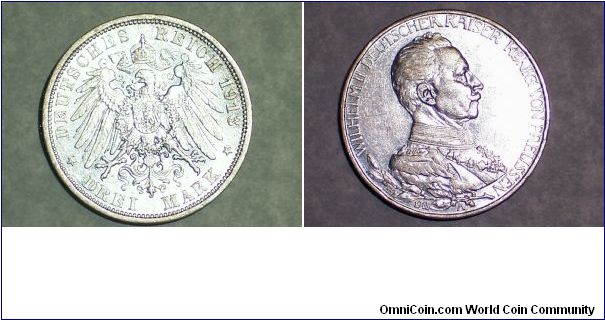 1913 A Prussia 3 mark XF