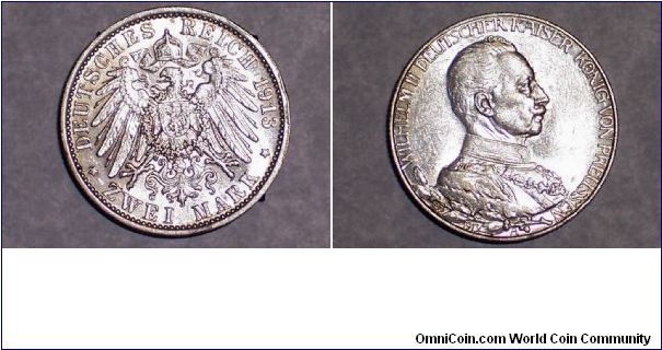 1913 A Prussia 2 mark AU