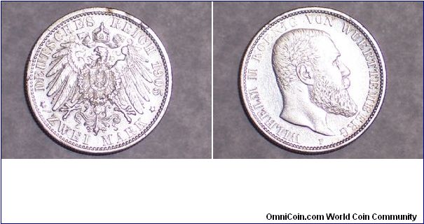 1905 F Wurtemberg 2 mark XF