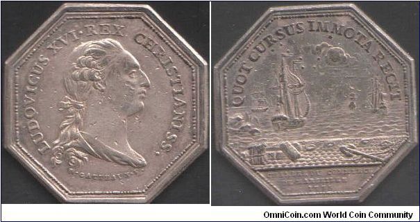 Marseille 1775. A high grade original silver octagonal jeton for the founding of the Marseille Chambre de Commerce. Obverse Louis XVI by Gatteaux. Reverse, harbour scene.