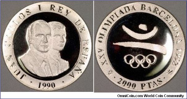 Spanish 2,000 pesetas silver proof crown, one of a series for the 1992 Barcelona Olympic games.