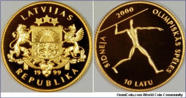 Latvian gold proof 100 Latu to commemorate the 2000 Sydney Olympics, shows a stylized, or extremely emaciated and anorexic, javelin thrower on the reverse, and the coat of arms on the obverse.