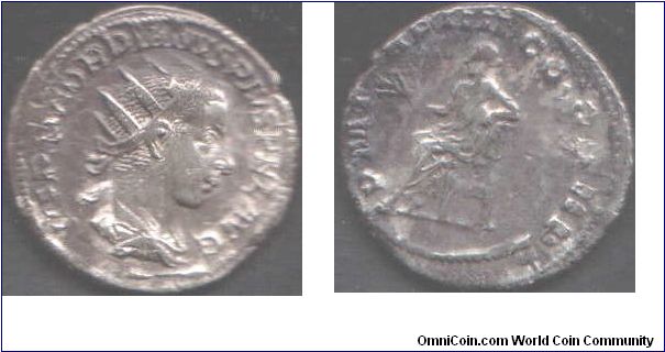 242AD silver antoninianus of Gordian III. Obverse Gordian facing right. Reverse, Apollo seated holding a branch and arm resting on a lyre. Double struck but most noticeable on reverse.