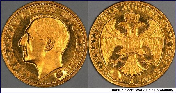 Gold ducat or dukat of King Alexander I, with Ear of Corn countermark officially applied by the Yugoslav Control Office of Noble Metals. Milled edge.