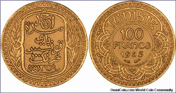 Gold 100 francs of Tunisie, for Ahmad Pasha Bey. AH date 1354, quite scarce.