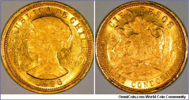 This is the first type of Chile 50 pesos gold, and was issued for only one year. From 1932 onwards the second type prevails. On the 1st type, there is a sharp truncation below the head, the 100 Ps on the reverse is normal and read clockwise as does the CIEN PESOS, whereas on the 2nd type it is retrograde. All The lettering is slightly smaller on the first type.
Please see our 1946 coin.