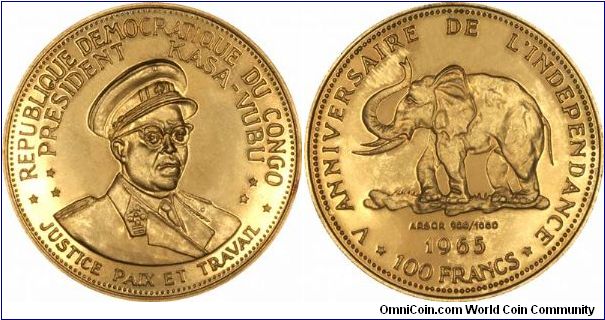 1965 100 francs, fifth anniversary of independence. The obverse features the President Joseph Kasa Vubu, the reverse shows an elephant walking left. Krause mentions that over 70% of the 3,000 mintage were melted down.