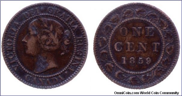 Canada, 1 cent, 1859, Bronze, Queen Victoria.                                                                                                                                                                                                                                                                                                                                                                                                                                                                       