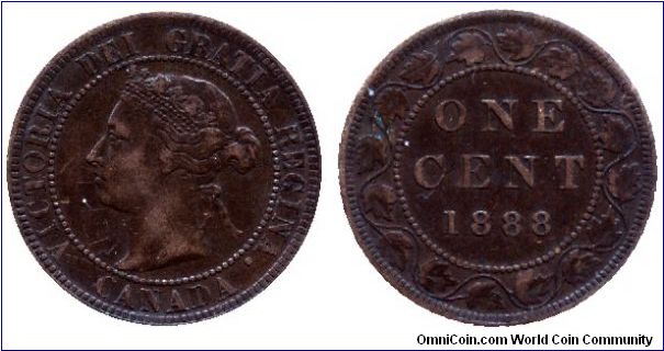 Canada, 1 cent, 1888, Bronze, Queen Victoria.                                                                                                                                                                                                                                                                                                                                                                                                                                                                       