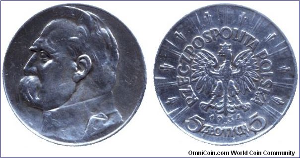 Poland, 5 zlotych, 1934, Ag, Jozef Piesudski, 75% silver.                                                                                                                                                                                                                                                                                                                                                                                                                                                           