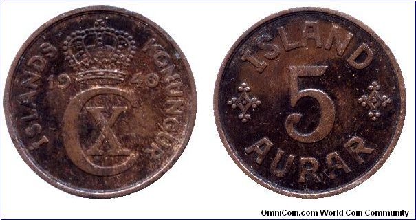 Iceland, 5 aurar, 1940, Bronze, Minted in London.                                                                                                                                                                                                                                                                                                                                                                                                                                                                   