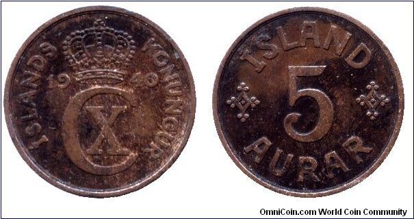 Iceland, 5 aurar, 1940, Bronze, Minted in London.                                                                                                                                                                                                                                                                                                                                                                                                                                                                   