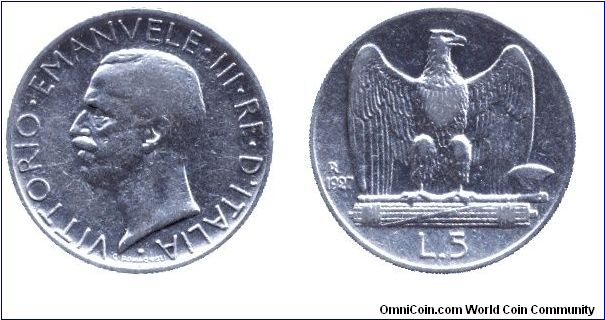 Italy, 5 liras, 1927, Ag, Victor Emanuele III, Eagle, 83.5% silver.                                                                                                                                                                                                                                                                                                                                                                                                                                                 