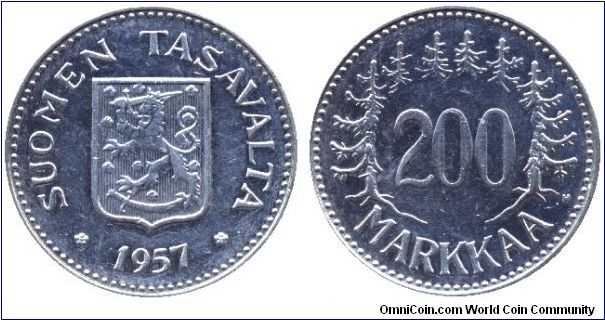 Finland, 200 markkaa, 1957, Ag, 50% silver.                                                                                                                                                                                                                                                                                                                                                                                                                                                                         