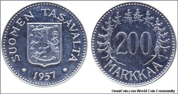 Finland, 200 markkaa, 1957, Ag, 50% silver.                                                                                                                                                                                                                                                                                                                                                                                                                                                                         