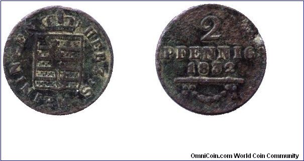 Saxe-Meiningen, 2 pfennig, 1832, Cu.                                                                                                                                                                                                                                                                                                                                                                                                                                                                                