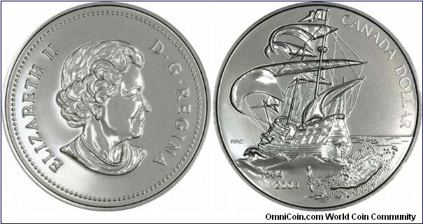 Canadian silver dollar to commemorate the 400th anniversary of the first French settlement in North America in 1604.