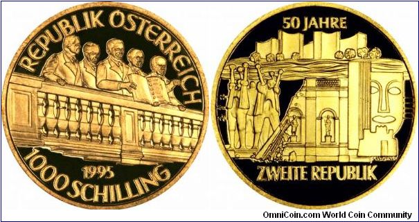 Austrian gold 1,000 schilllings to commemorate the 50th anniversary of the second republic.