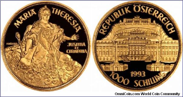 Austrian commemorative gold 1,000 schillings featuring Maria Theresia.