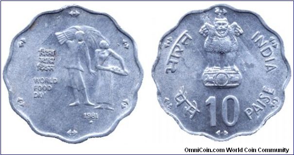 India, 10 paise, 1981, Al, World Food Day.                                                                                                                                                                                                                                                                                                                                                                                                                                                                          