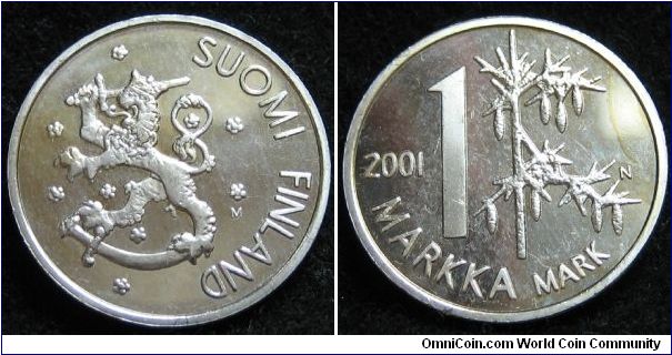 1 markka - one year type to commemorate the markka before the coming euro. This coin was issued in a card sealed in acrylic. This coin has been liberated.