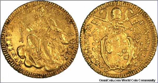 Gold zecchino from the Papal States, not actually the Vatican. Coat of Arms on obverse, image of Christ seated on cloud on the reverse.