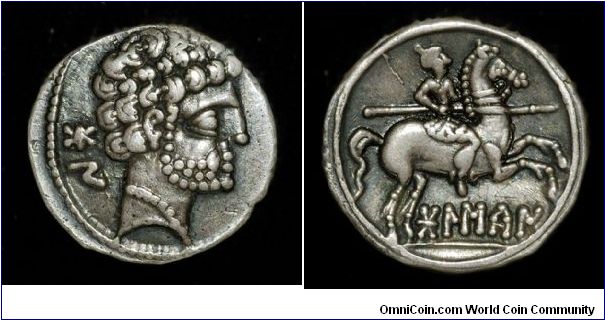 Celtiberian denarius of Osca, ca 180 to 20 B.C.
