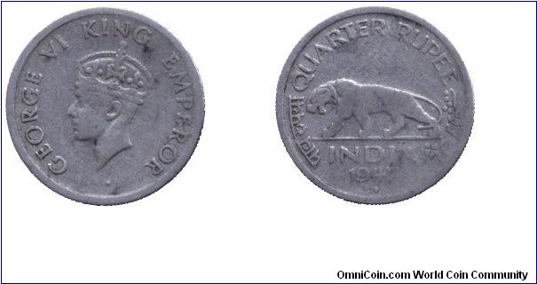 India, 1/4 rupee, 1947, Ni, King George VI, Bengal tiger.                                                                                                                                                                                                                                                                                                                                                                                                                                                           