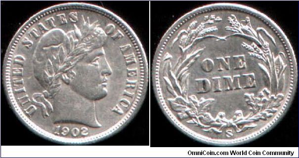 Nice Barber dime (1902S). I think it might have had some light cleaning though at some point.