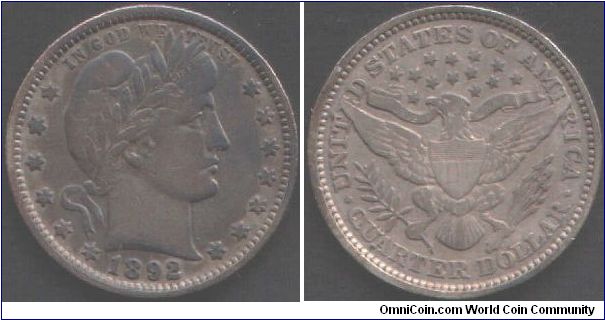 An 1892 quarter dollar that just arrived with me today from France. I'd say VF or thereabouts but what say you?