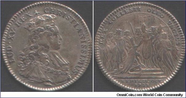 Nice silver jeton depicting the Consecration of Louis XV at Rheims.