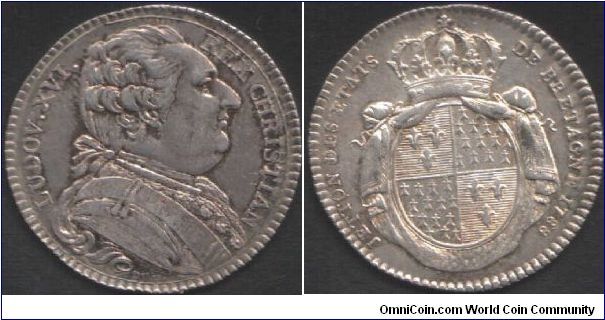 1788, last year of issue for this particular series of silver jetons (Etats de Bretagne).Obverse a rather chubby bust of Louis XVI by Duvivier. Reverse crowned arms of Bretagne.
