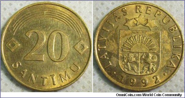 Latvia 1992 20 santimu. Taped unfortunately.