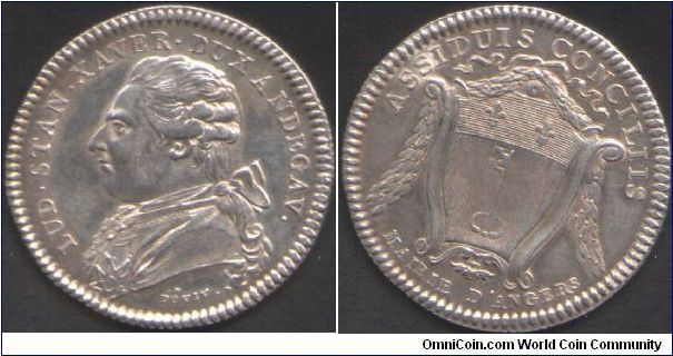 nice silver jeton depicting Louis Stanislas Xavier (brother of Louis XVI and the future king Louis XVIII)as Duc D'Anjou and Mayor of Angers.