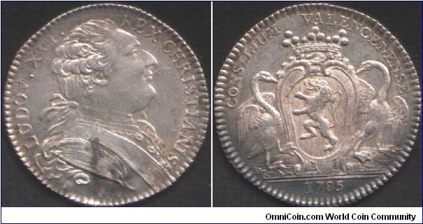 1785. Silver jeton issued for the Municipal Council of Valenciennes. Obv., older bust of Louis XVI. Rev., civic shield of Valenciennes.  1770-1780. Obverse a\rms of Moulins. Reverse arms of Mayor Bardonnet.