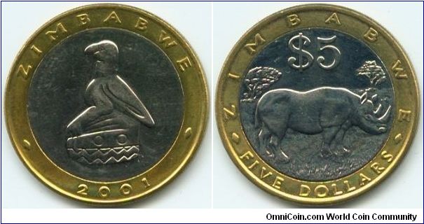 Zimbabwe, 5 dollars 2001.
Rhinoceros.