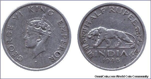 India, 1/2 rupee, 1946, Ni, King George VI, Tiger.                                                                                                                                                                                                                                                                                                                                                                                                                                                                  