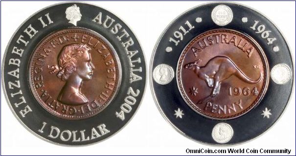 Silver dollar forming a ring around a 1964 penny, last date issued.